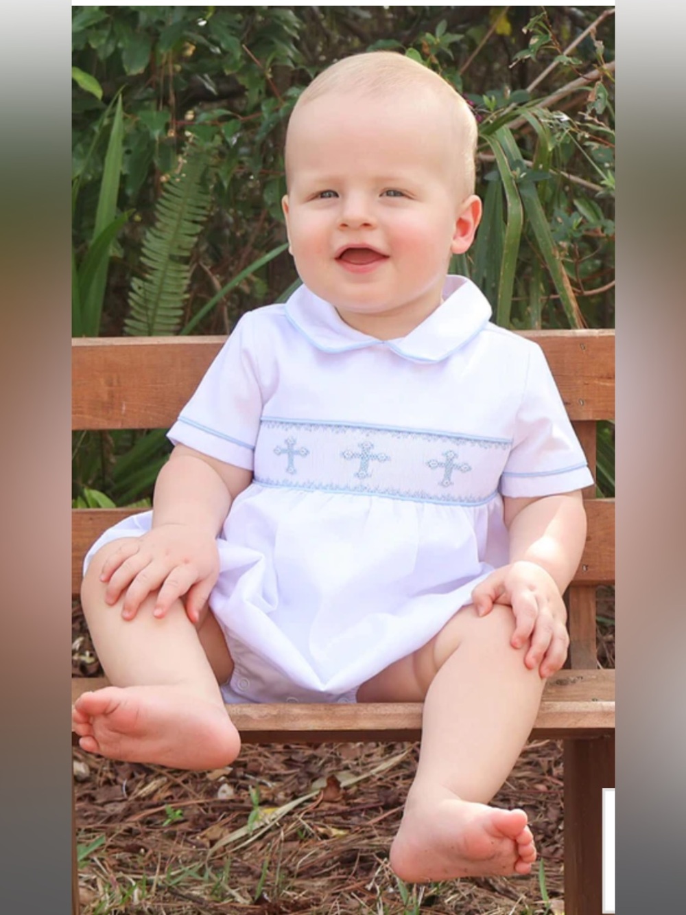 Classic Whimsy Blue Cross Smocked White Baby Boy Bubble Size 9 months